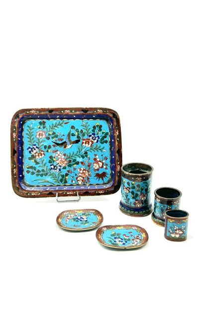 Brass and cloisonné enamel smoker set with...