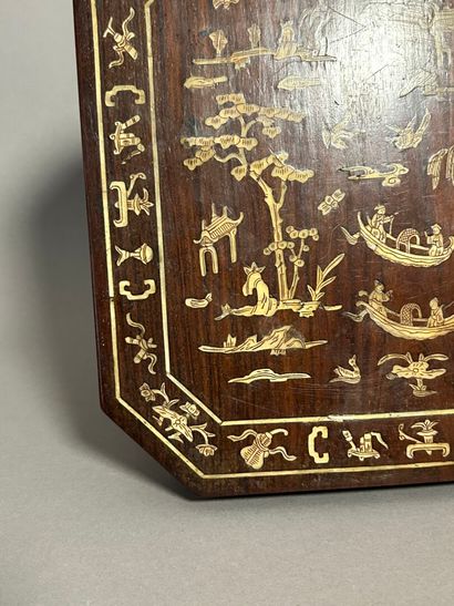 Wooden pedestal, the octagonal top decorated...