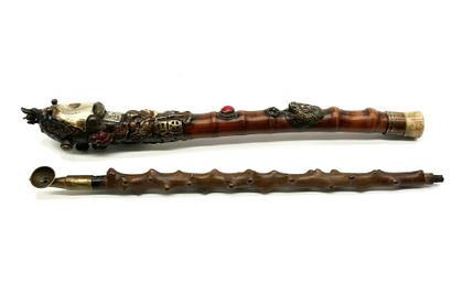 Curious bamboo opium pipe with ornamental...