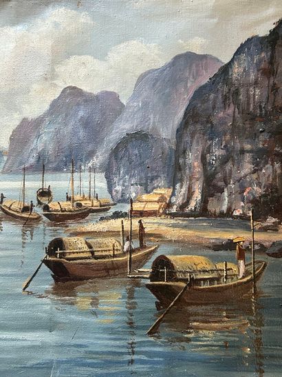 KIM SON (XXe siècle). 
Baie d'Along. 
Huile...