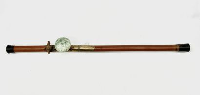 Opium pipe in bamboo, plate in baitong (paktong),...