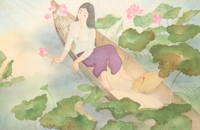 Jeune femme admirant les lotus.

Peinture...