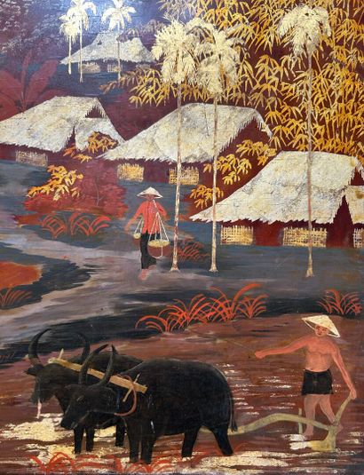 École de THU DAU MOT.
Paysage animé aux porteuses...