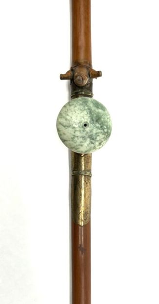 Opium pipe in bamboo, plate in baitong (paktong),...