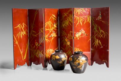 Paire de vases boules laqués à fond noir,...