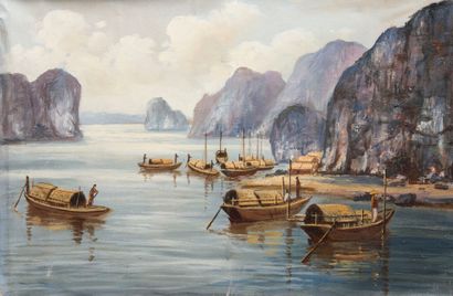 KIM SON (XXe siècle). 
Baie d'Along. 
Huile...