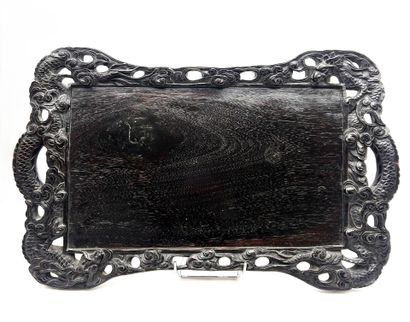 Rectangular exotic wood tray, the handles...