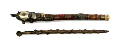 Curious bamboo opium pipe with ornamental...