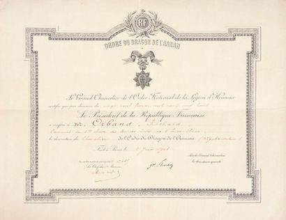 1908-1916 
ORDRE DU DRAGON D'ANNAM.
Brevet...