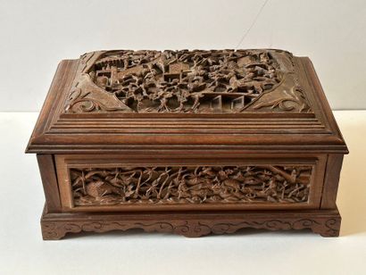 Rectangular wooden box, the domed lid decorated...
