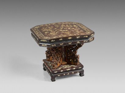 Wooden pedestal, the octagonal top decorated...