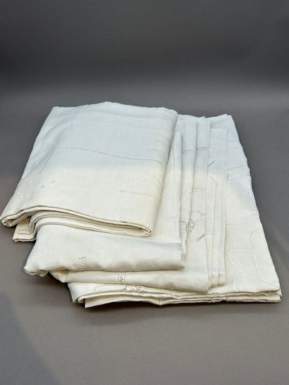 Set of four emerised linen sheets, embellished...