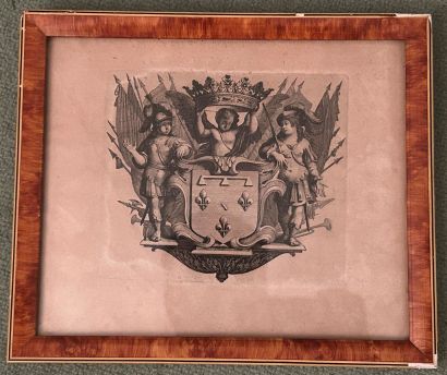 *Black and white engraving featuring the...