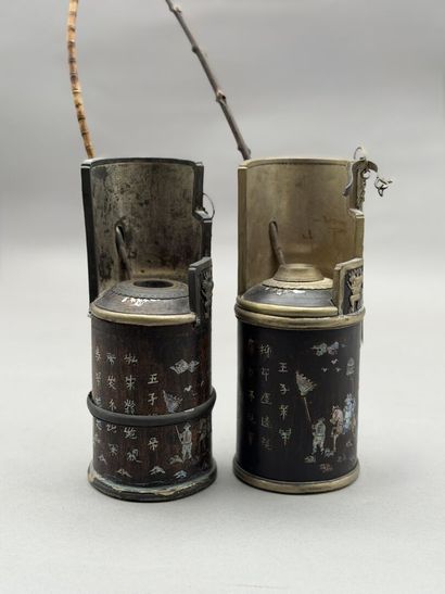 Two water pipes made of exotic wood, decorated...