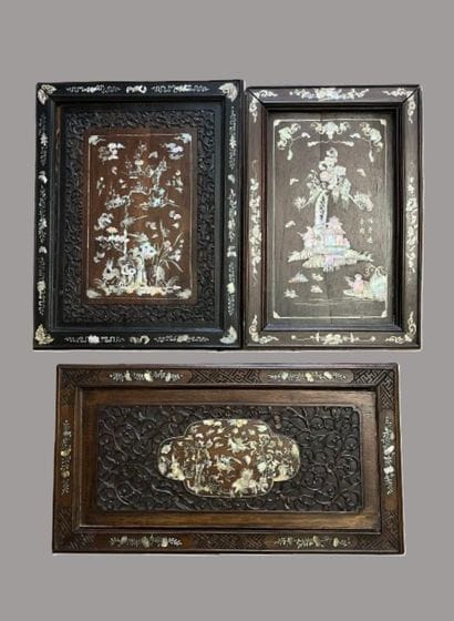 Set of three panels made of exotic wood,...