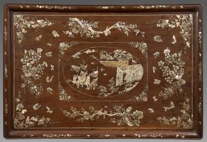 A large rectangular tray made of exotic wood,...