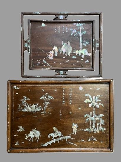 Set of 2 trays made of exotic wood, decorated...