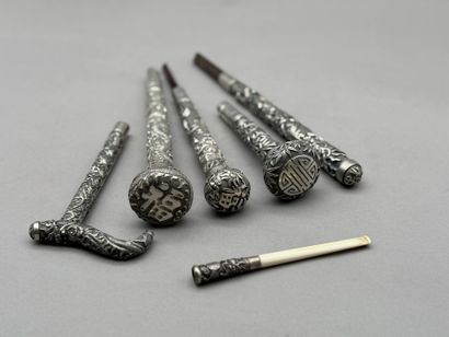 Five 800° silver cane and parasol knobs°°...