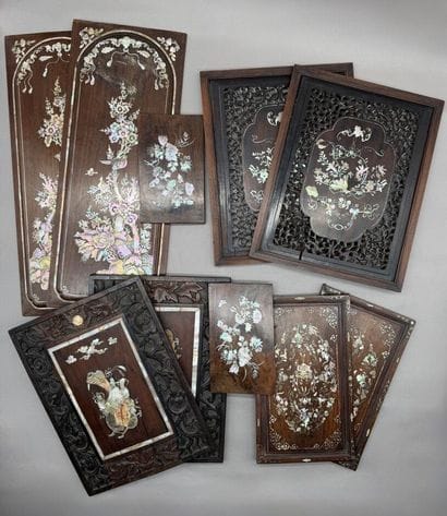 A set of ten furniture panels made of exotic...