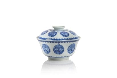 Large octagonal lidded bowl made of blue-and-white...