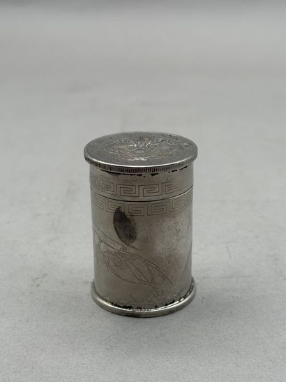 A cylindrical opium box made of silver-plated...