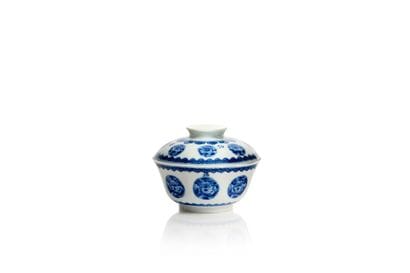 Octagonal porcelain bowl with lid in blue-and-white...