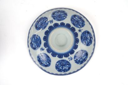 Large octagonal lidded bowl made of blue-and-white...