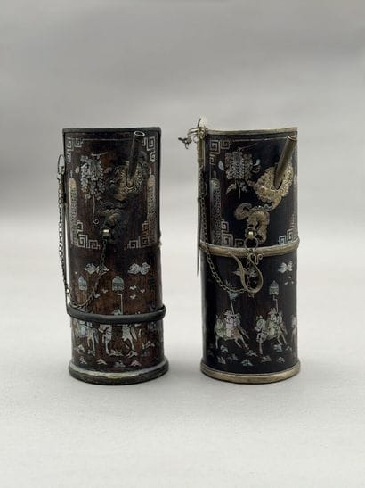 Two water pipes made of exotic wood, decorated...