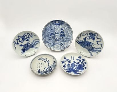 Set of five blue-and-white porcelain cups,...