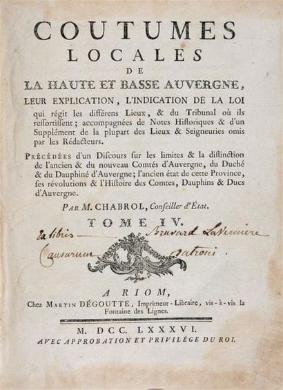 [AUVERGNE]. CHABROL (Guillaume Michel). Coutumes...