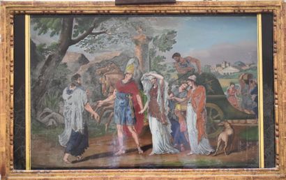 Fixé sous verre représentant une scène antique,...