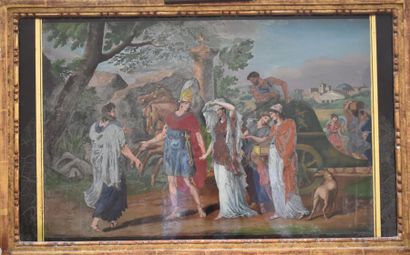Fixé sous verre représentant une scène antique,...