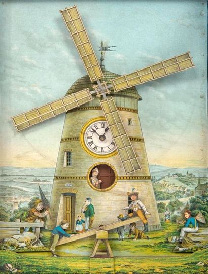 Boîte à musique et tableau animé à horloge,...
