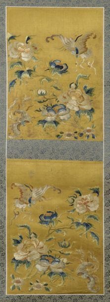 Two yellow-bottomed embroidered silk embroideries...