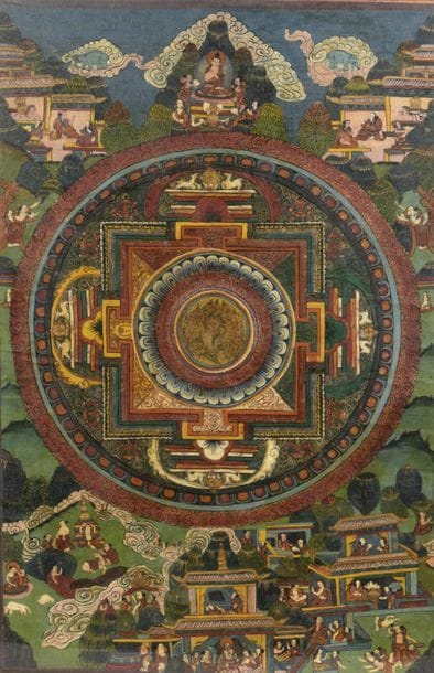 Thangka representing a mandala in ink and...