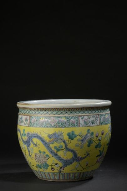 Polychrome porcelain fish bowl with yellow...