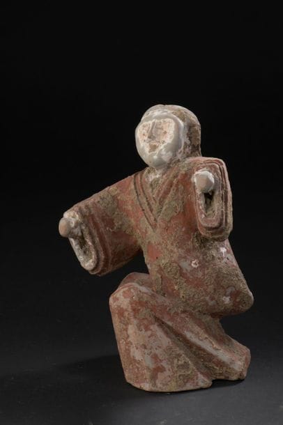 Dancer in grey terracotta and carmine red...