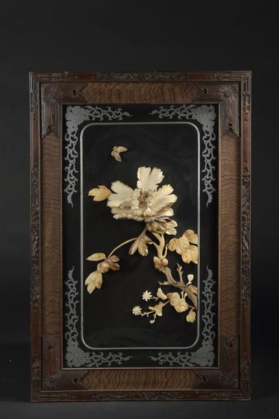 Pair of black, silver and bone inlaid wooden...