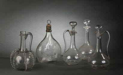 Set of glass and engraved glass carafes,...
