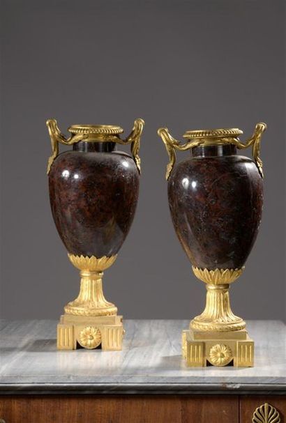 Pair of Louis XVI style red-brown marble...