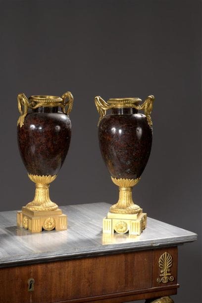 Pair of Louis XVI style red-brown marble...