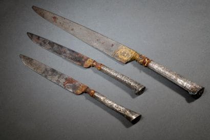 Three table knives, silver handles, late...
