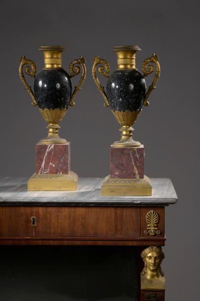 Pair of vases mounted in sea-green and griotte...