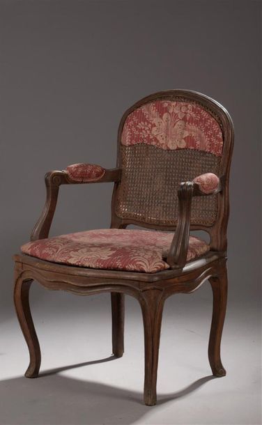 Caned armchair with flat back in moulded...
