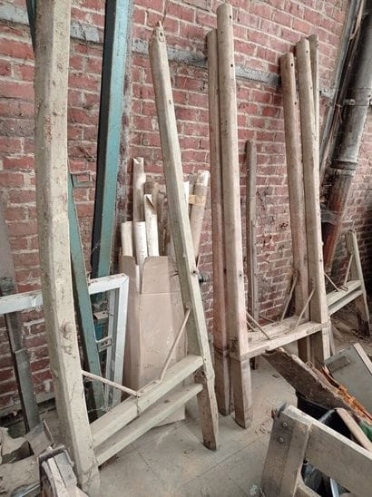 Five wooden hitching stretchers. In the ...