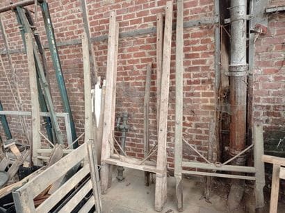 Five wooden hitching stretchers. In the ...