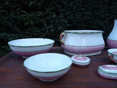 Lot including two basins of toilet, two pots...