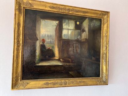 Ecole XIXème 

Femme à son ouvrage 

Huile...