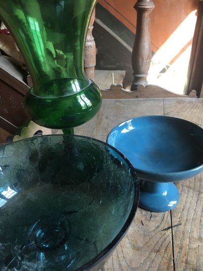 Two glass and blue earthenware fruit cups.

20th...
