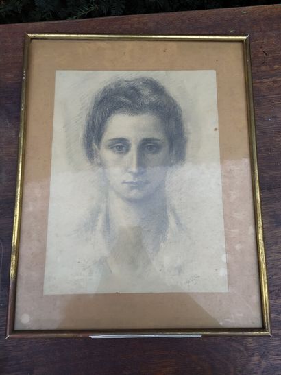 Lot of three framed pieces including a portrait...
